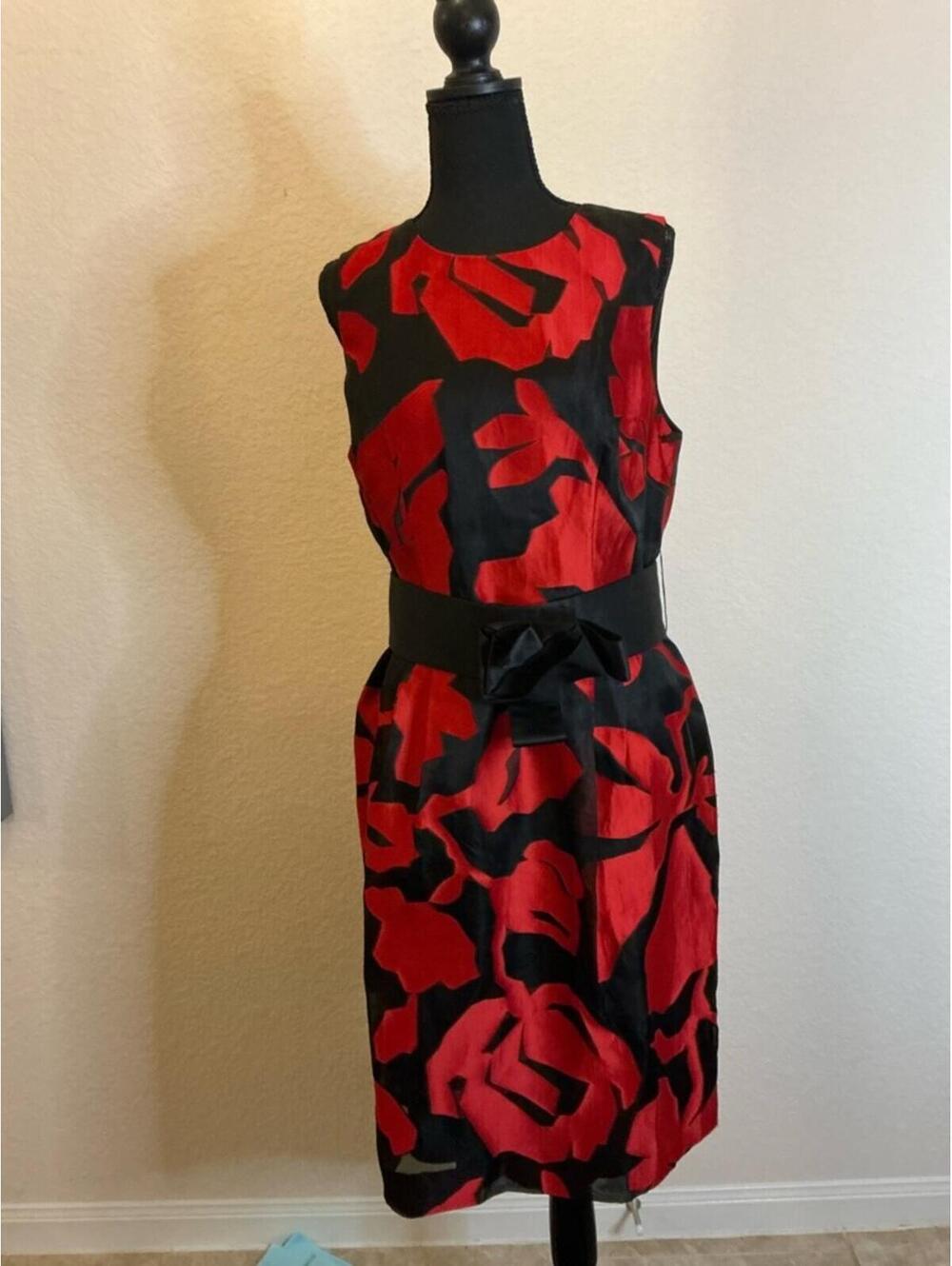 Per Se Carlisle Red Black Floral Sheath Dress Belted Sleeveless Silk Blend - Picture 2 of 5